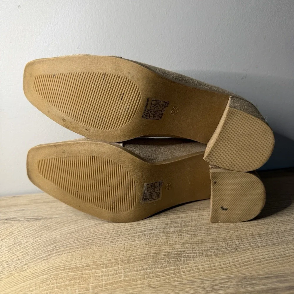 Joie Heeled Loafers Tan Suede Square Toe Block‎ Heel Slip On Mules 8.5 Career